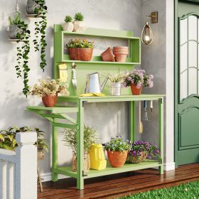 65inch Garden Wood Workstation Backyard Potting Bench Table with Shelves, Side Hook and Foldable Side Table, Patio Furniture (Color: Green, Material: Solid Wood)